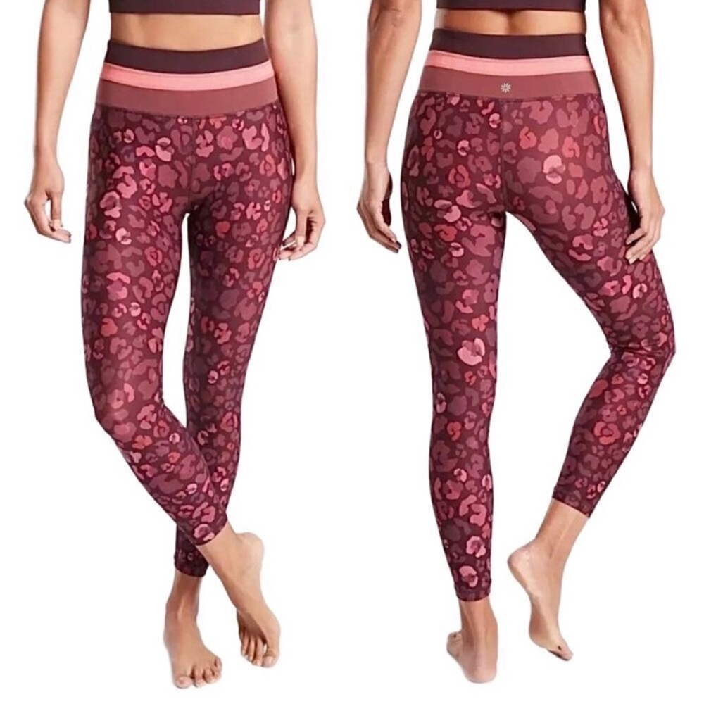 Athleta Burgundy & Pink Leopard Print Fold-Over Waist Elation Leggings High Rise